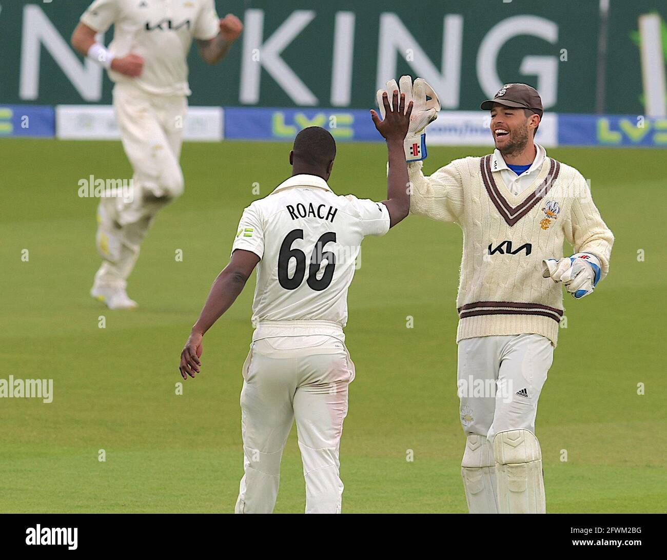 London, UK. 23 May, 2021. London, UK. Surrey’s Kemar Roach ends the day with Five wickets as Surrey take on Middlesex in  the County Championship at the Kia Oval, day four. David Rowe/Alamy Live News Stock Photo