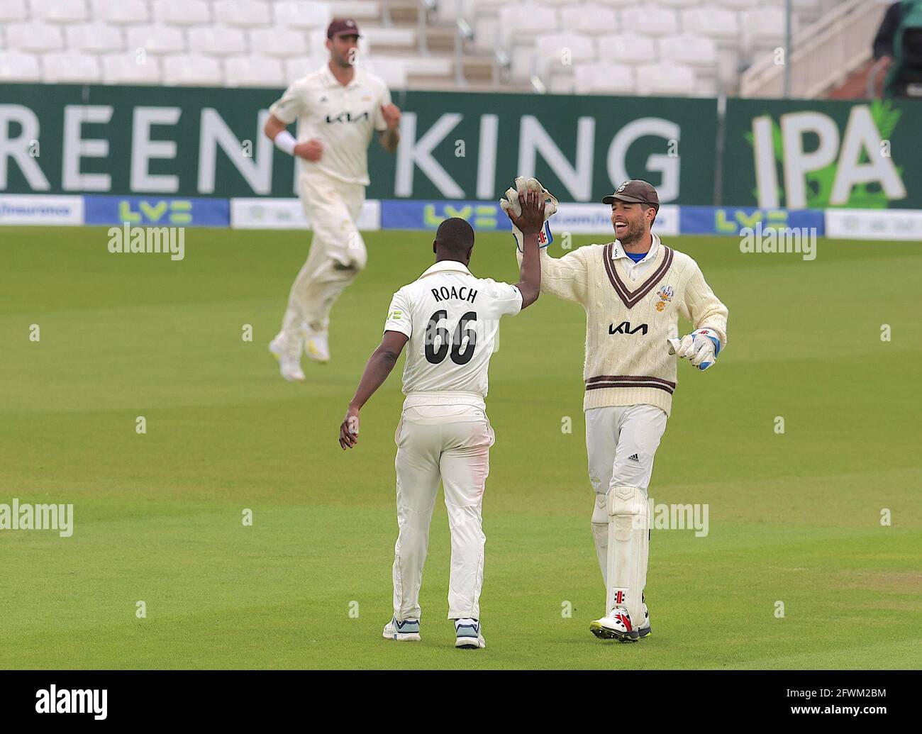 London, UK. 23 May, 2021. London, UK. Surrey’s Kemar Roach gets Middlesex’s Martin Andersson as Surrey take on Middlesex in  the County Championship at the Kia Oval, day four. David Rowe/Alamy Live News Stock Photo