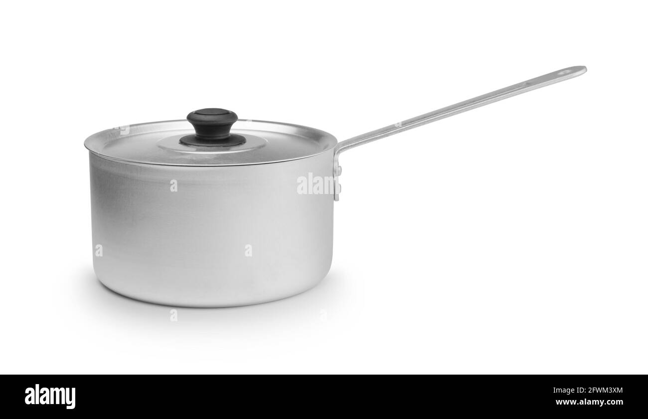 Closed small aluminum pot with handle isolated on white. Stock Photo