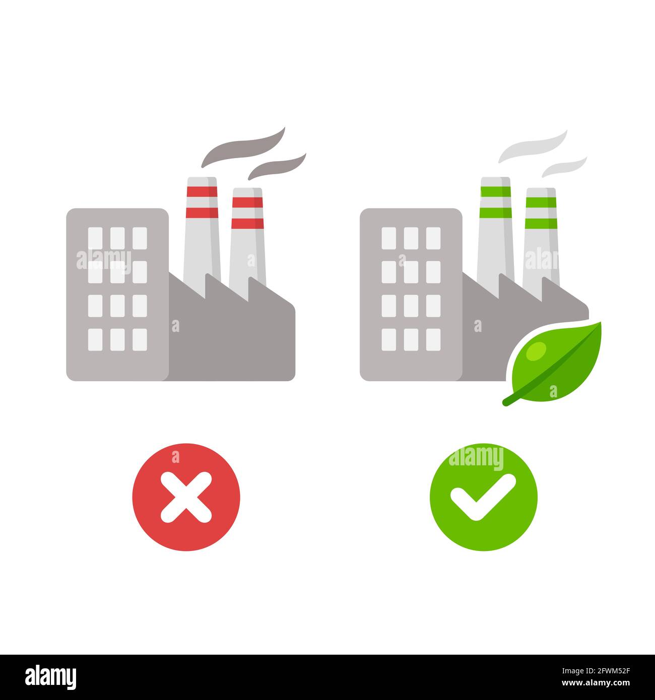 Traditional factory with smoke pollution and modern environmentally friendly plant with green leaf. Ecology and industry vector illustration. Stock Vector
