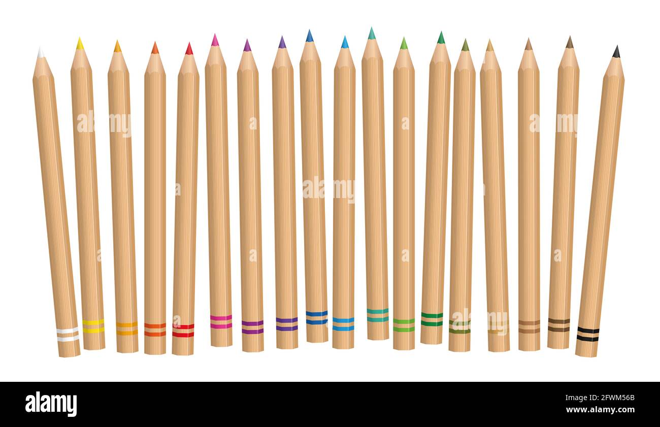 Colored pencil, natural wooden textured set. Illustration over white background. Stock Photo