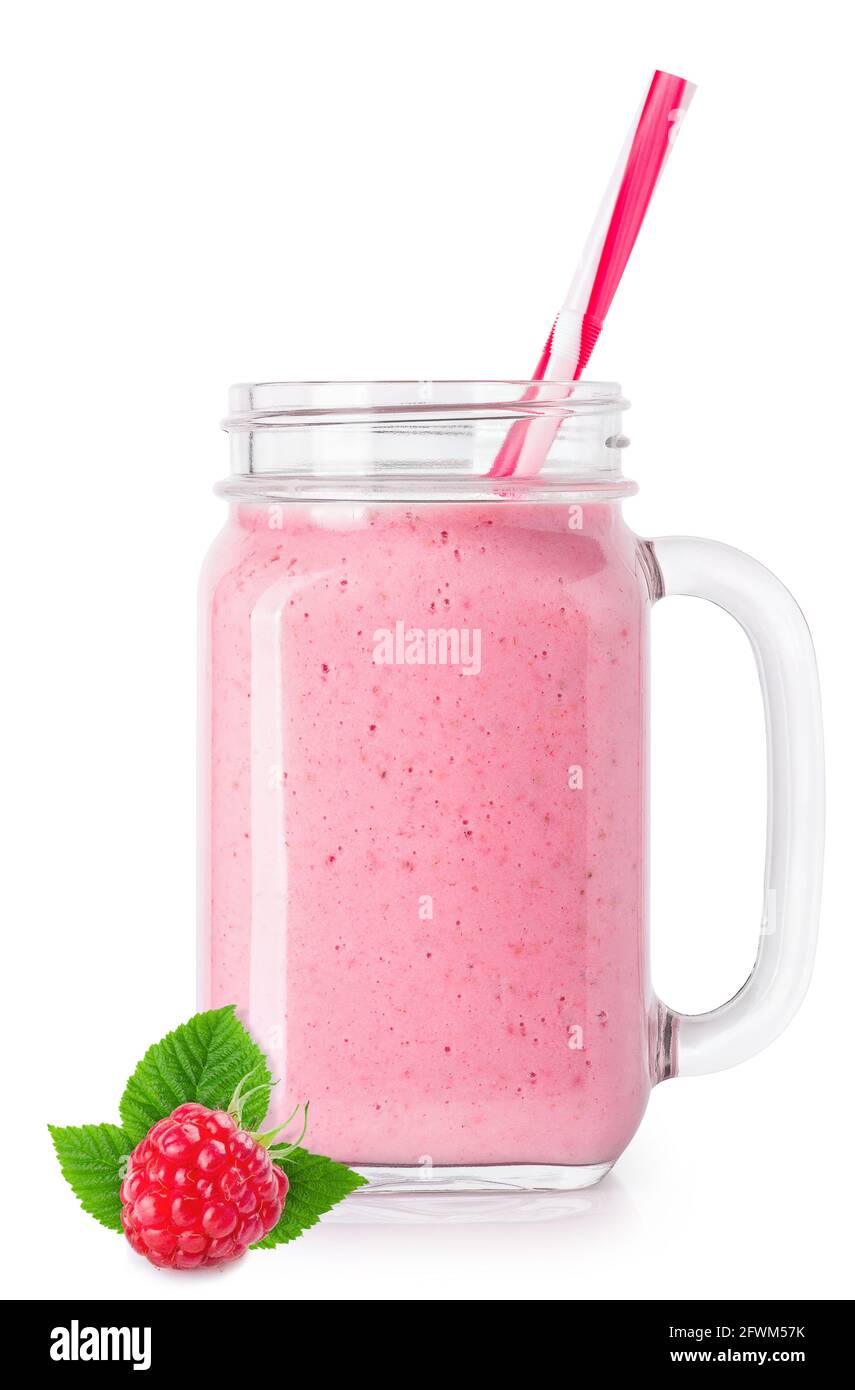 raspberry smoothie with straw in mason jar Stock Photo