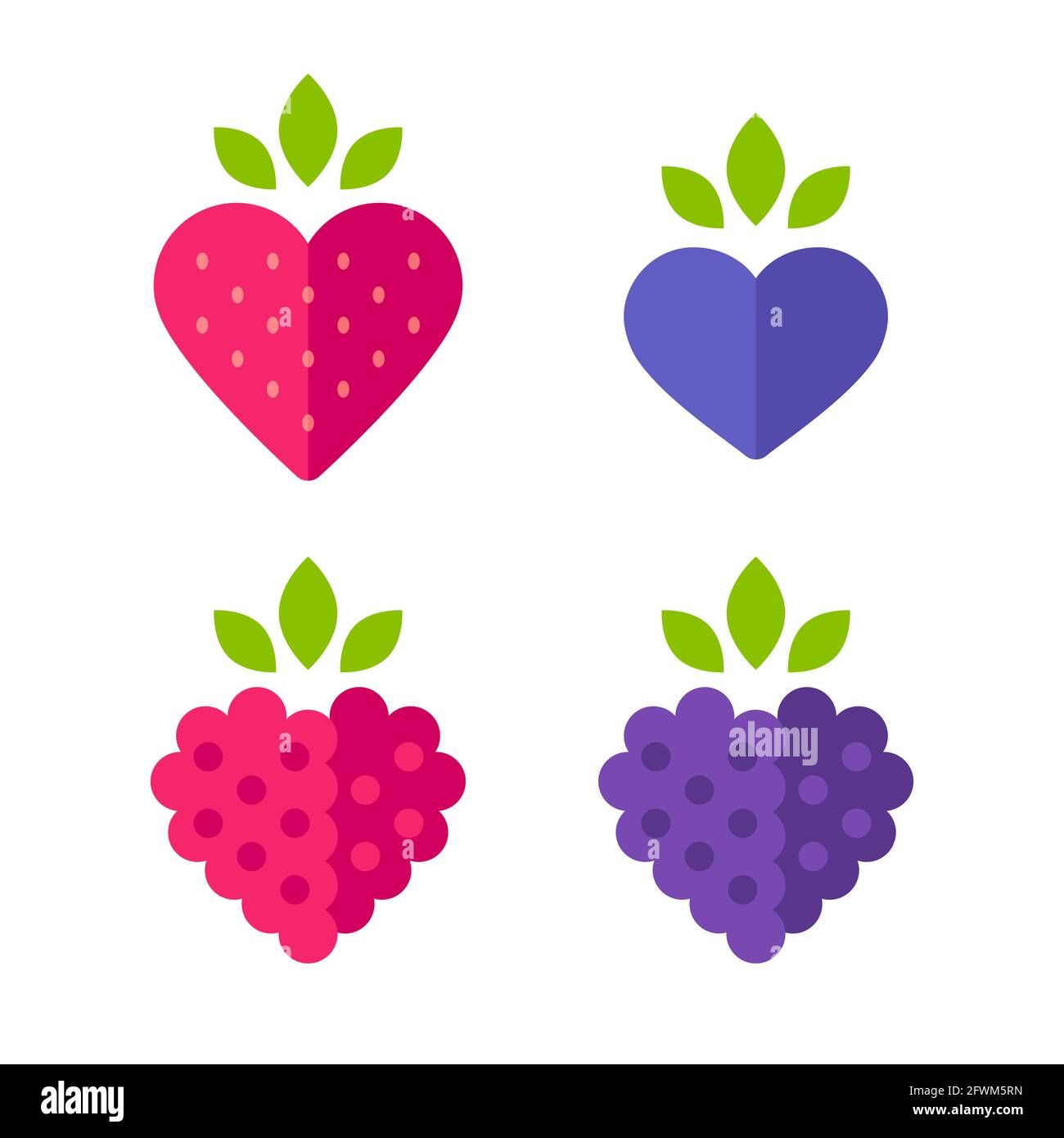 Heart shaped berries icon set. Strawberry, blueberry, blackberry and raspberry. Flat stylized vector illustration. Stock Vector