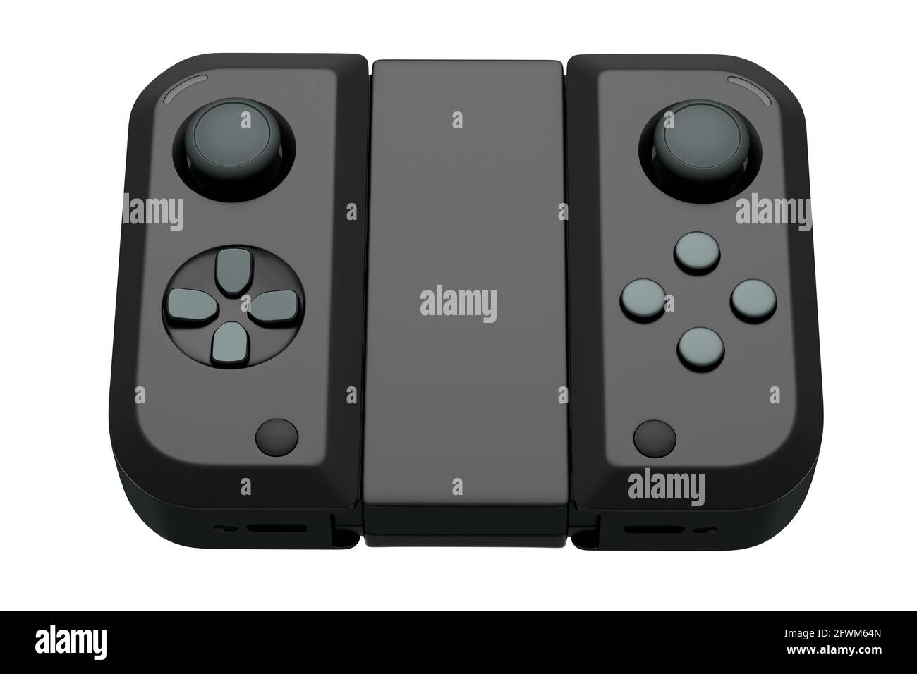 Portable video game controllers attached to touch screen on white