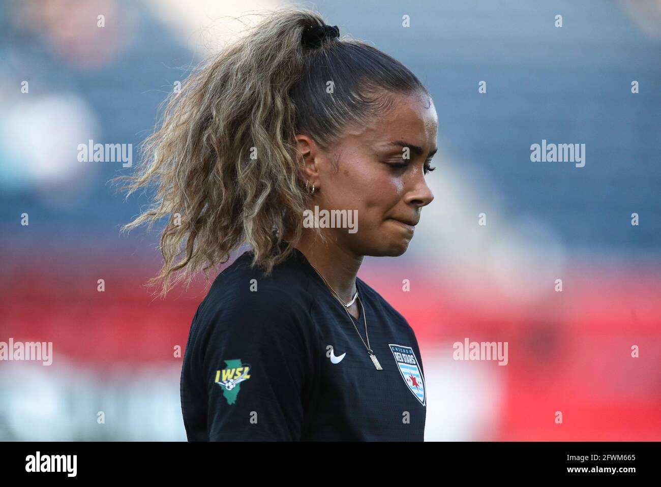 Chicago Red Stars defender Sarah Gorden (11) before a NWSL match at SeatGeek Stadium, Saturday, May 22, 2021, in Bridgeview, Illinois. Red Stars and G Stock Photo