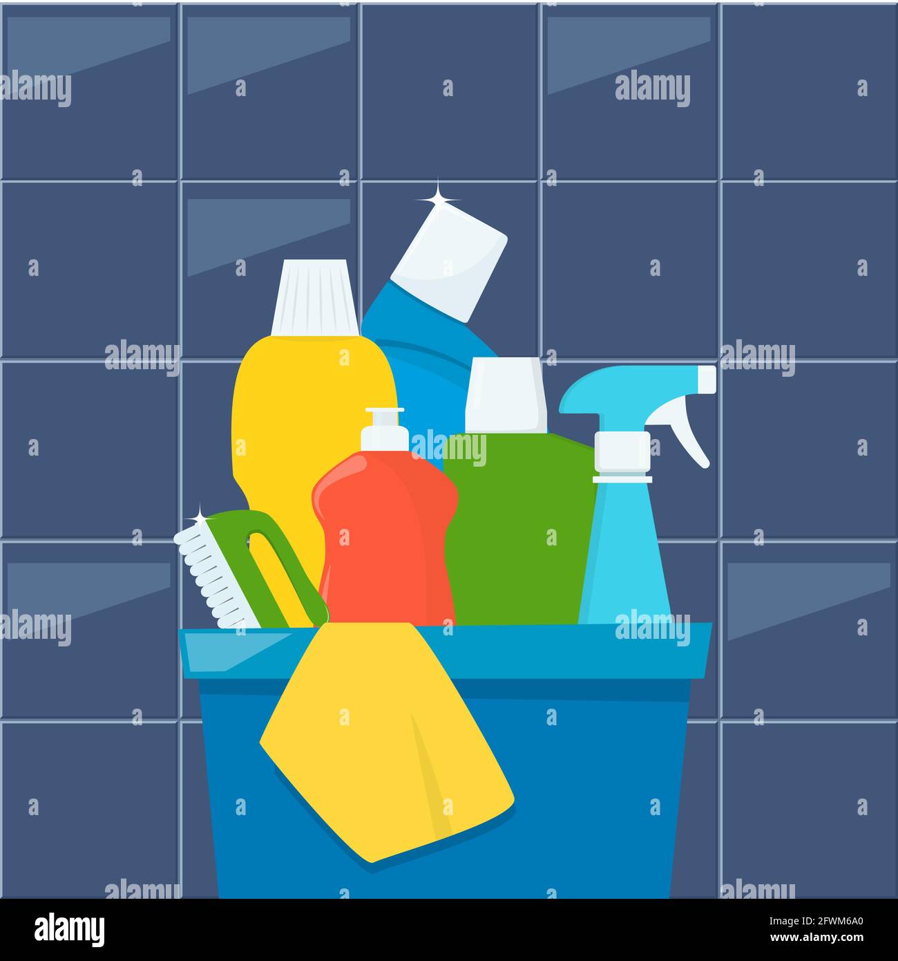 Bottles of detergents and cleaning products in a box, rag and cleaning brush. Cleaning services concept. Vector illustration, flat style Stock Vector