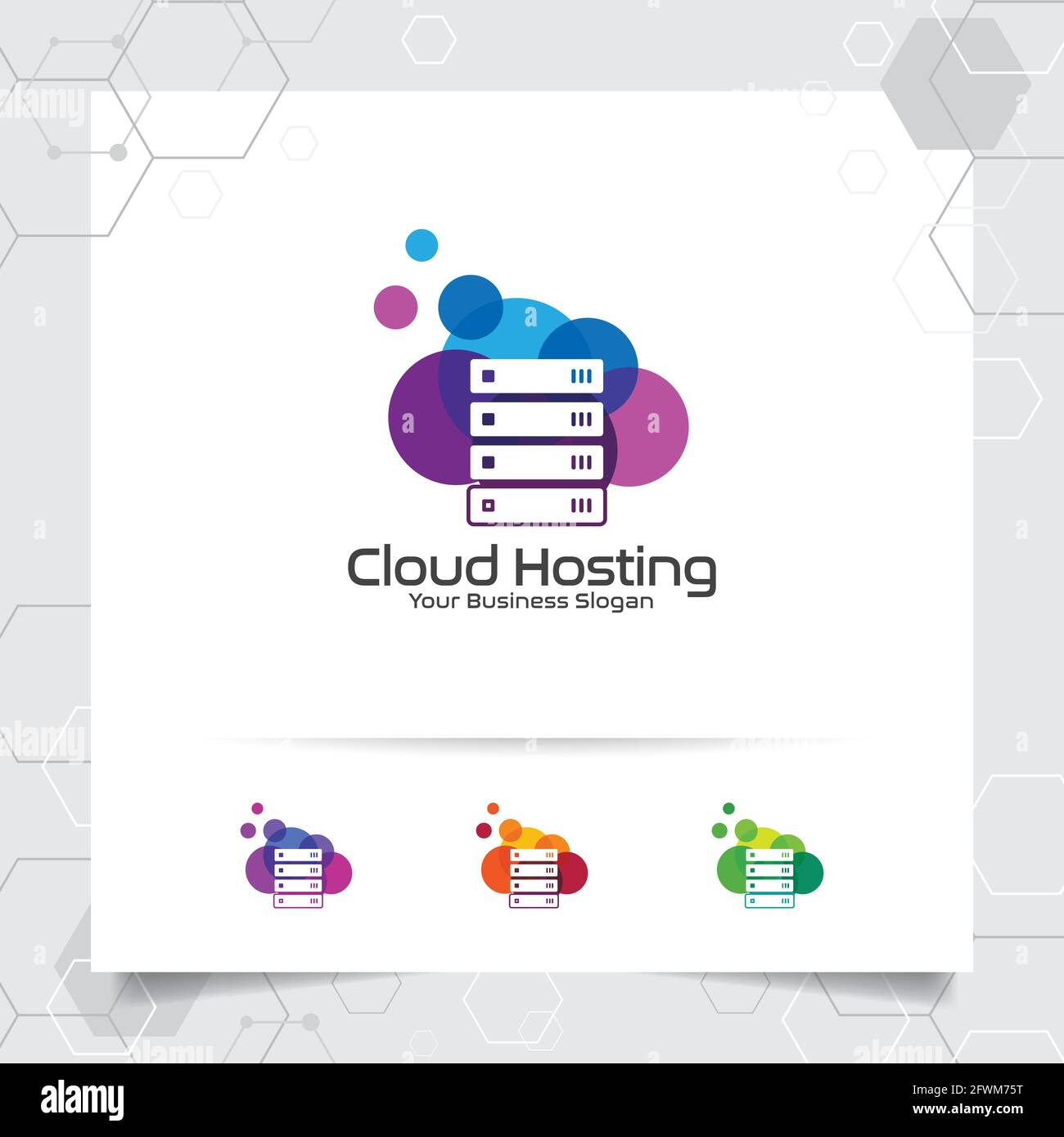 Cloud hosting logo vector design with concept of server and cloud icon illustration for hosting provider, server rack, and sharing storage. Stock Vector