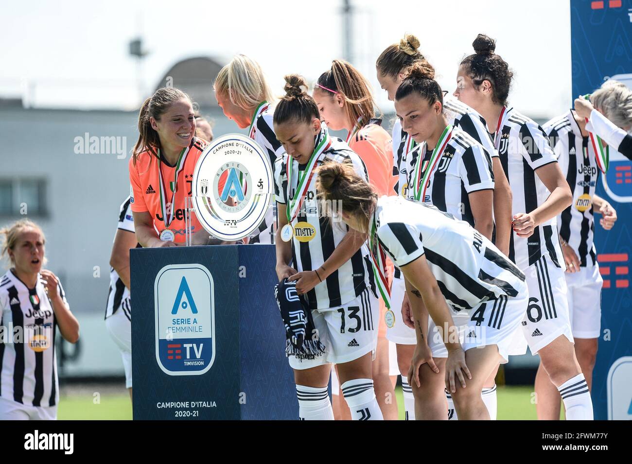 Vinovo, Italy. 23rd May, 2021. Juventus Women celebrates the Scudetto  Trophy to celebrates the winning the Serie A 2020-2021 championship after  their last Italian Serie A Women football match between Juventus FC