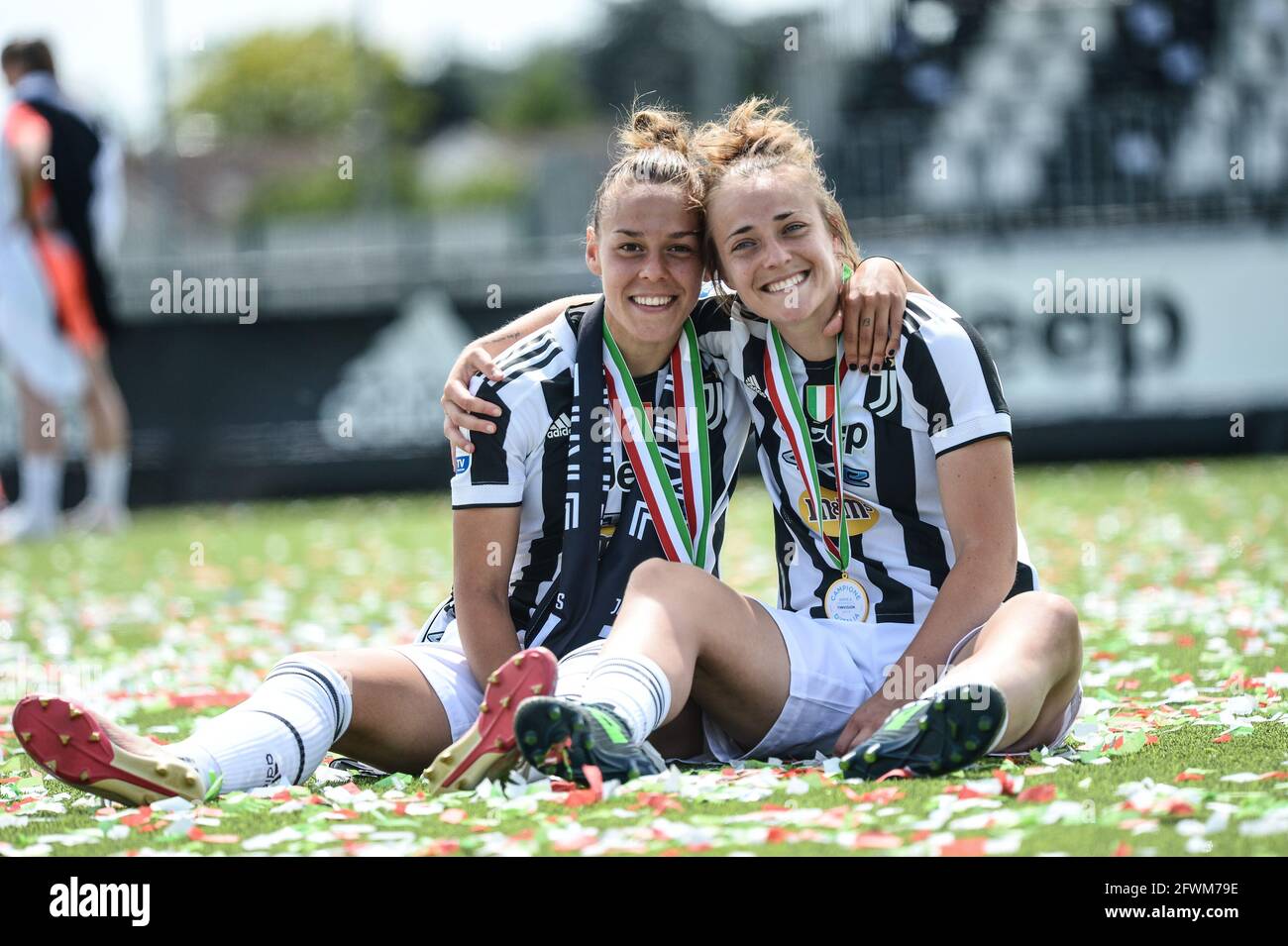 Vinovo, Italy. 23rd May, 2021. Lisa Boattin, Aurora Galli celebrates the  Scudetto Trophy to celebrates the winning the Serie A 2020-2021  championship after their last Italian Serie A Women football match between