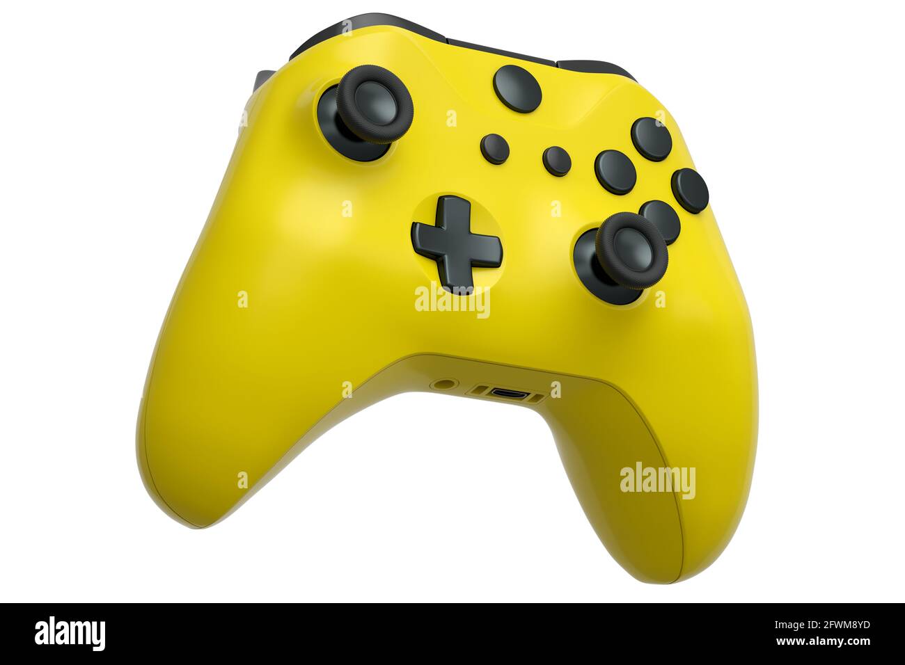 Realistic yellow video game joystick on white background Stock Photo