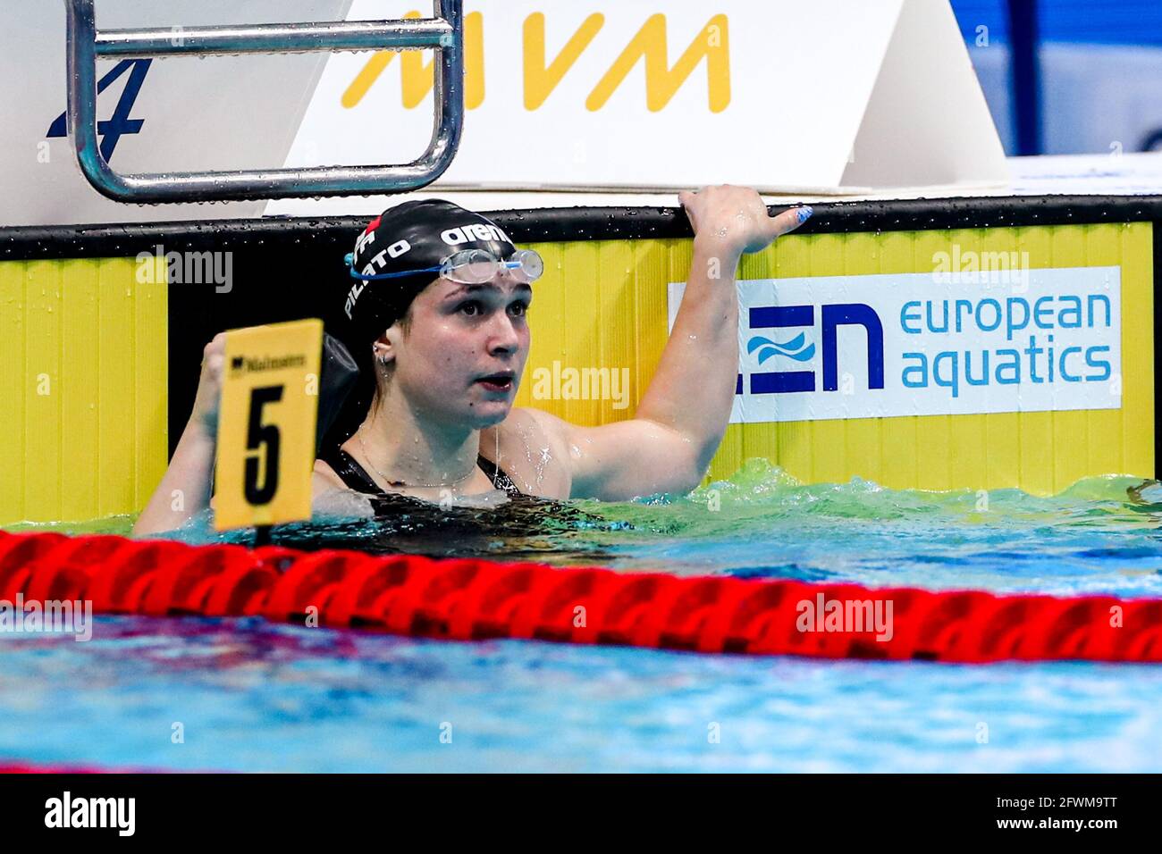 BUDAPEST, HUNGARY - MAY 23: Benedetta Pilato of Italy competing at the Women 50m Breaststroke Final during the LEN European Aquatics Championships Swimming at Duna Arena on May 23, 2021 in Budapest, Hungary (Photo by Marcel ter Bals/Orange Pictures) Credit: Orange Pics BV/Alamy Live News Stock Photo