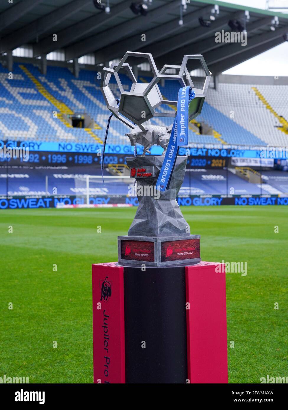 BRUGGE, BELGIUM - MAY 23: Trophy for winning the Jupiler Pro League at Jan  Breydelstadion, home of Club Brugge during the jupiler pro league match  between Club Brugge and KRC Genk at