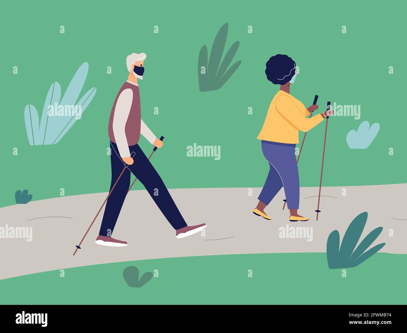 Elderly fit man and african woman engaged in Nordic walking with sticks on path in park. Old athletic male and plump fashionable black female walk Stock Vector