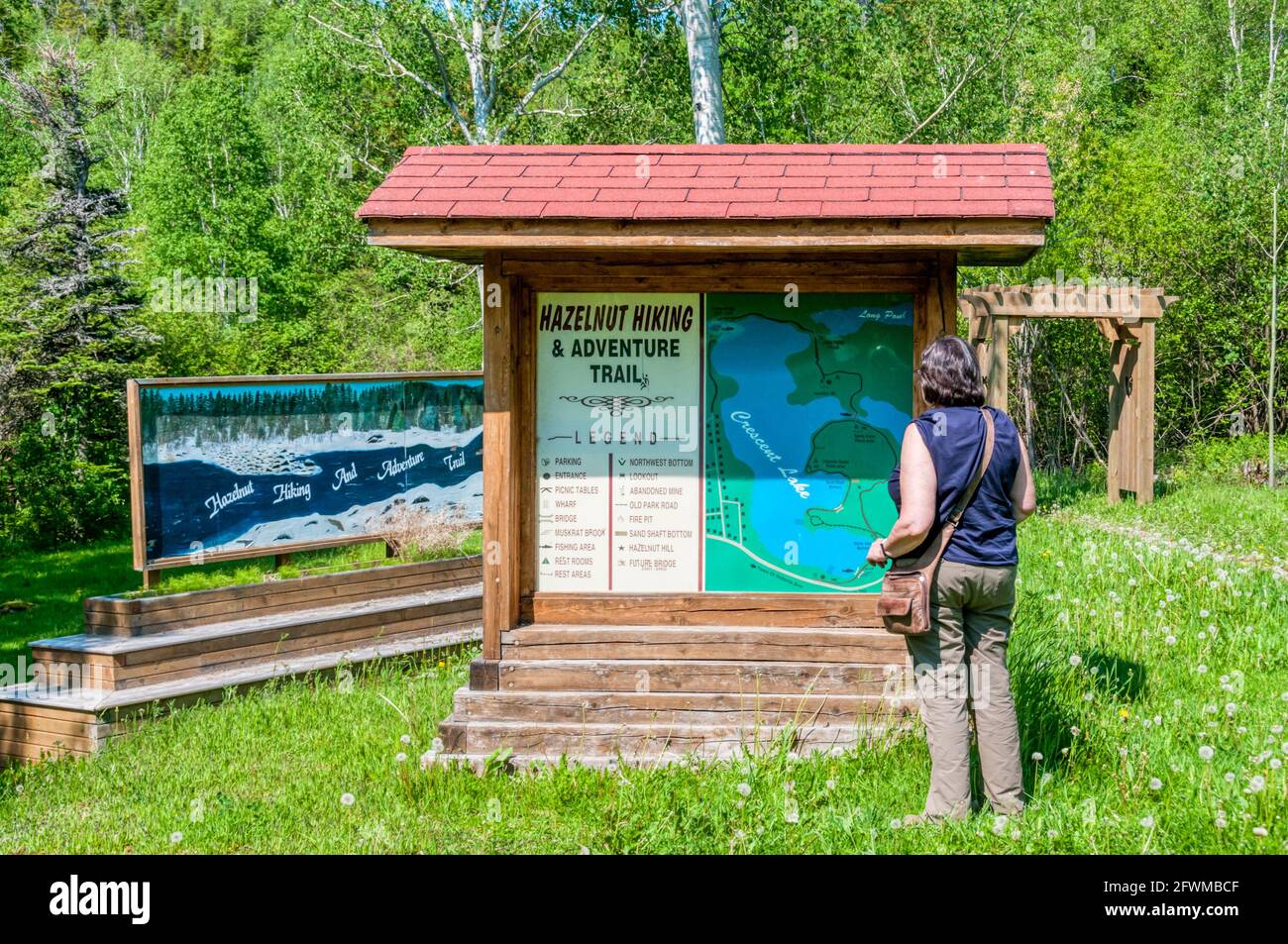 A tourist reading the signs at the start of the Hazelnut Hiking & Adventure Trail around Crescent Lake at Robert's Arm, Newfoundland. Stock Photo