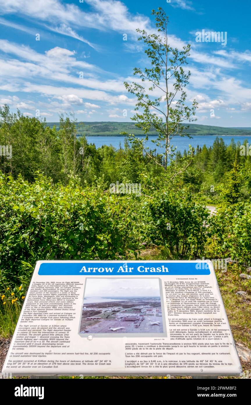 Information panel at the site of the crash of Arrow Air Flight 1285 in December 1985, killing 256 US troops & air crew, outside Gander, Newfoundland. Stock Photo