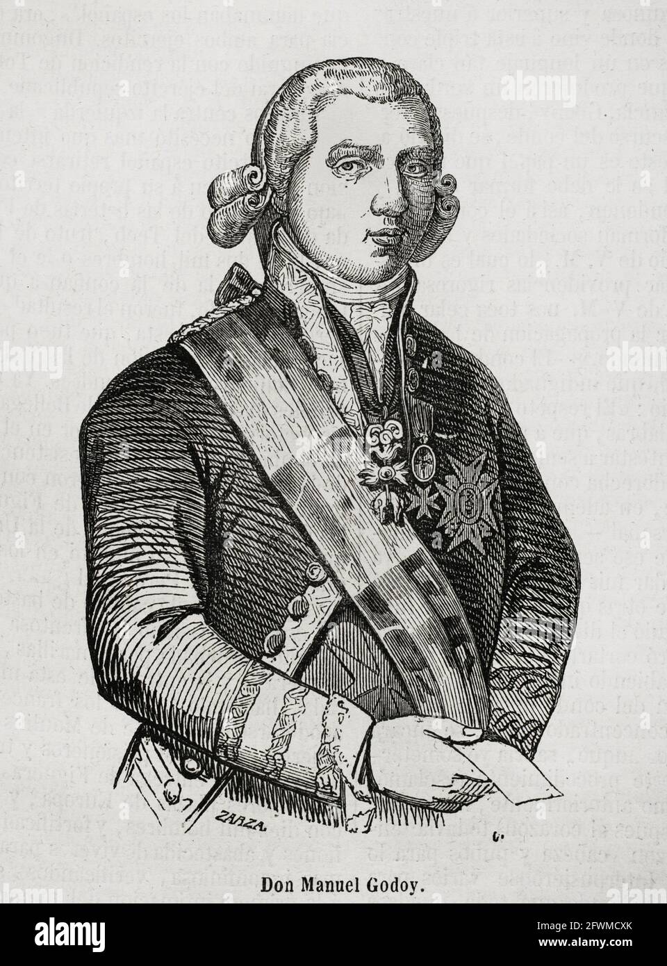 Manuel de Godoy y Alvarez de Faria (1767-1851). Spanish politician. First Secretary of State of Spain from 1792 to 1797. 'Prince of Peace' and favourite of Charles IV and Queen Maria Luisa. Illustration by Zarza. Portrait. Engraving. Historia General de España by Father Mariana. Madrid, 1853. Stock Photo