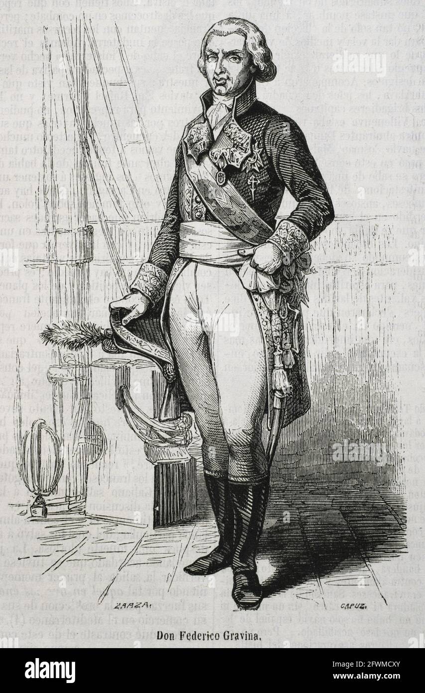Federico Gravina (1756-1806). Spanish admiral during the American Revolution and Napoleonic Wars. He died as a result of the wounds suffered during the Battle of Trafalgar. Portrait. Illustration by Zarza. Engraving by Capuz. Historia General de España by Father Mariana. Madrid, 1853. Stock Photo
