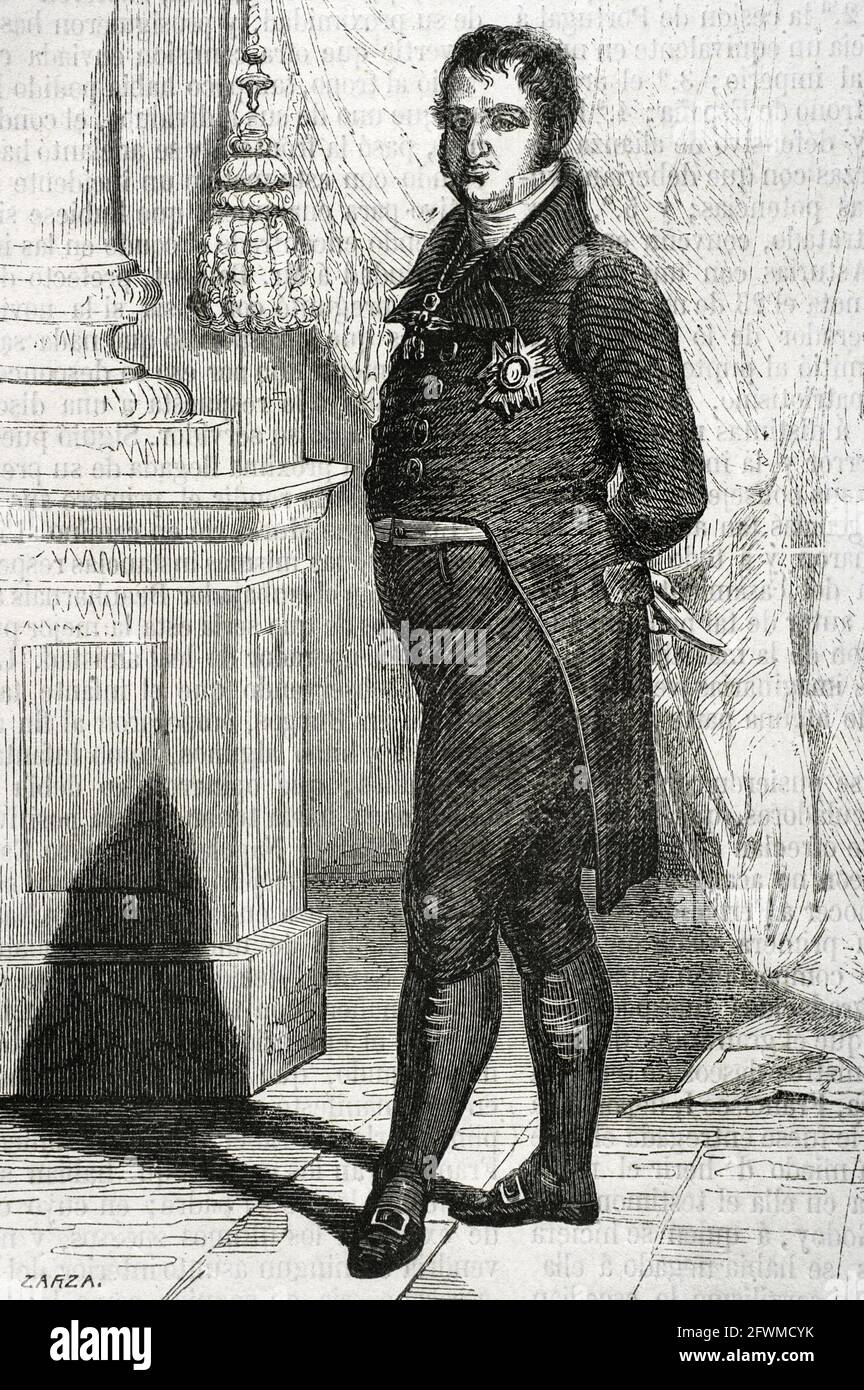 Ferdinand VII (17841833). King of Spain (18081833). Portrait. Illustration by Zarza. Engraving