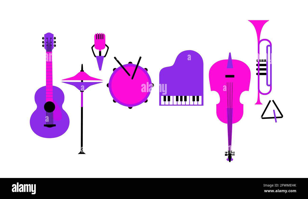 Musical instruments flat color vector icon set Stock Vector