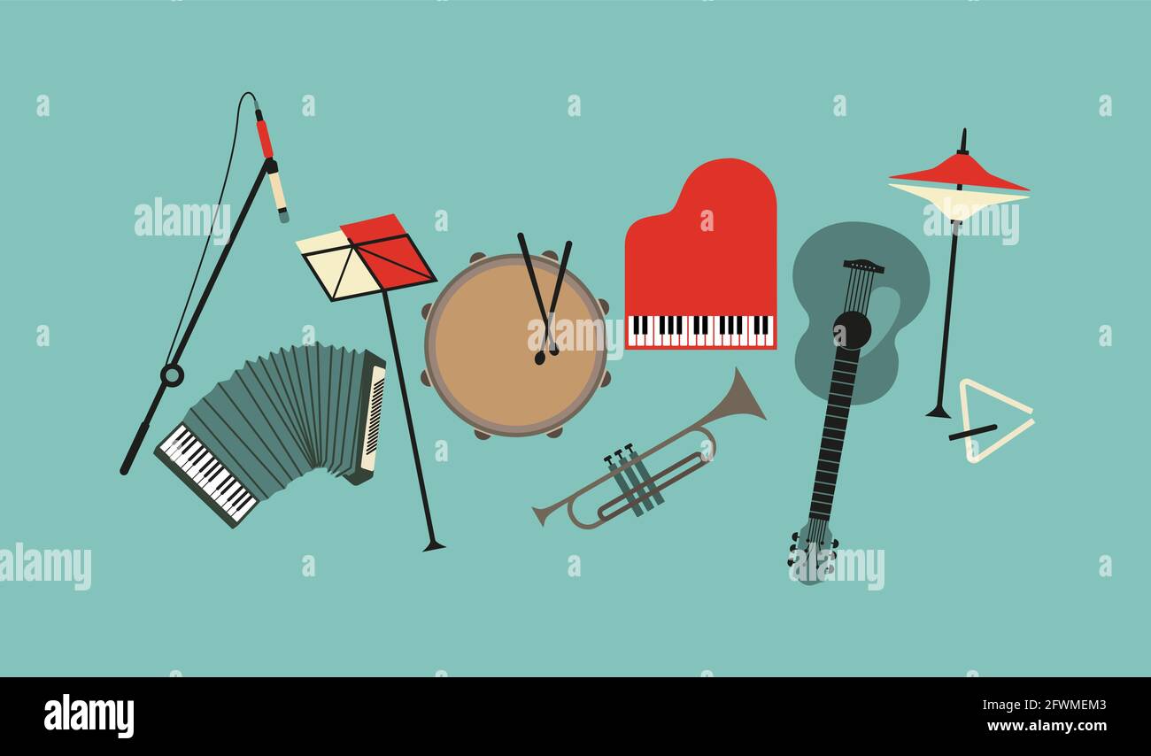 Musical instruments flat color vector icon set Stock Vector