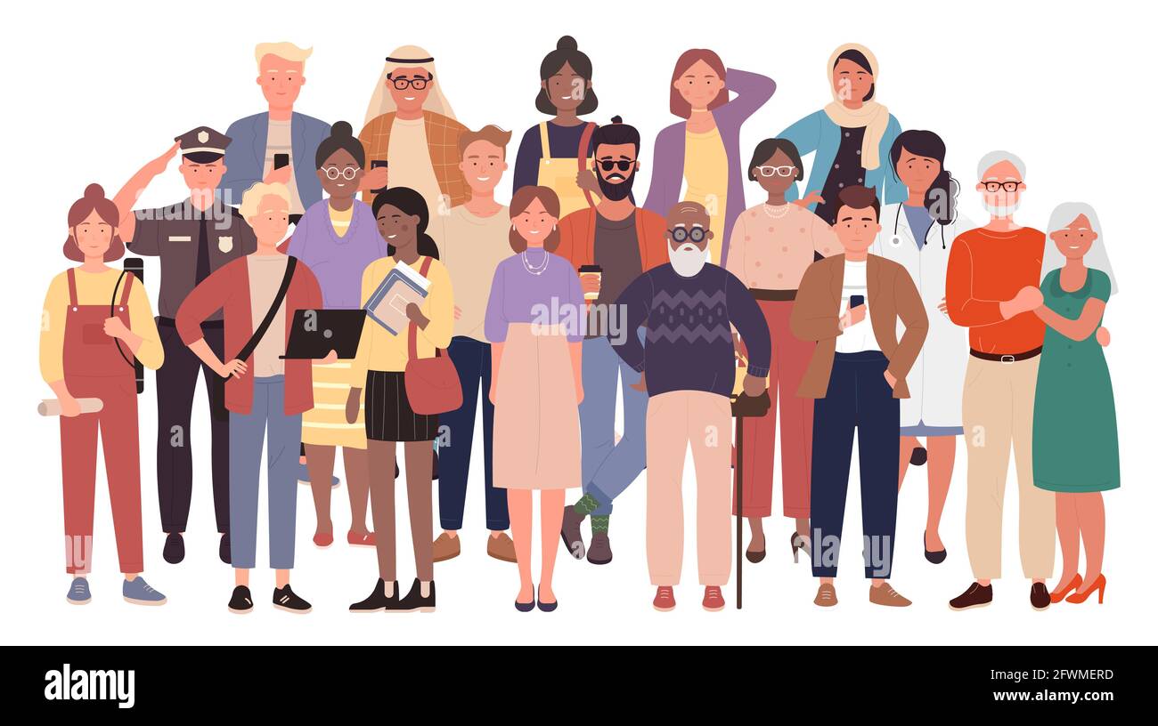 Diverse crowd, multiracial multicultural people group, civil society vector  illustration. Cartoon multiethnic old young men and women, children  standing together, social diversity isolated on white Stock Vector Image &  Art - Alamy