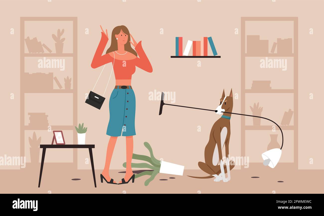 Problem dog pet owner, bad domestic animal behavior vector illustration. Cartoon unhappy frustrated girl character scolding doggy puppy for mess, damaged furniture in home room interior background Stock Vector