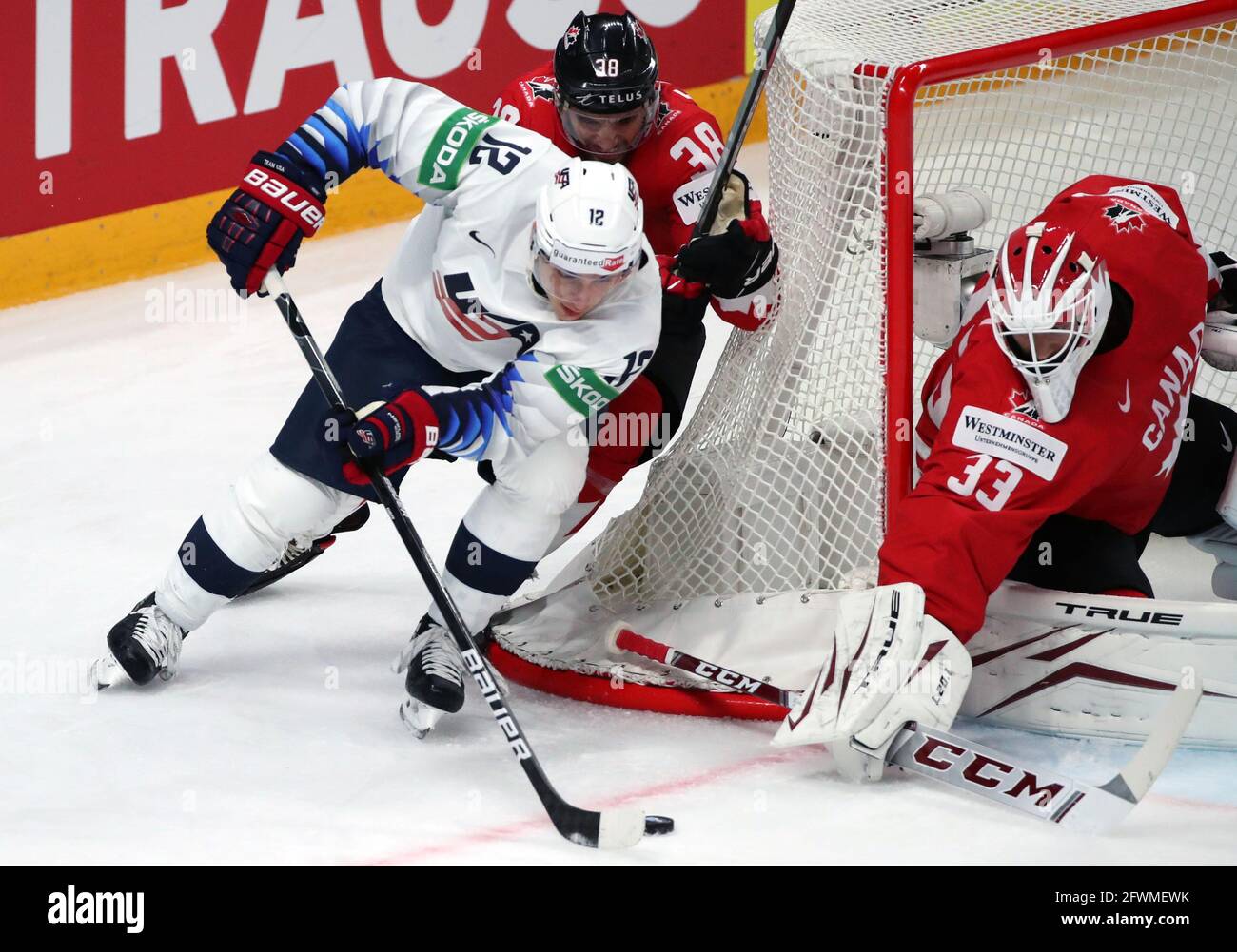 Riga Latvia 23rd May 2021 The Usa S Trevor Moore And Canada S Mario Ferraro Goalie Adin Hill L R Are In Action In Their 2021 Iihf World Championship Group B Ice Hockey Match At
