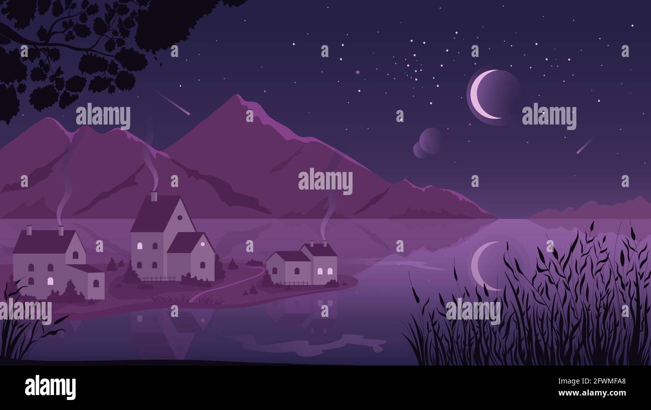 Rural night landscape scene and village by river vector illustration. Cartoon countryside night purple scenery with farm houses under moon and stars, river or lake and mountains on horizon background Stock Vector