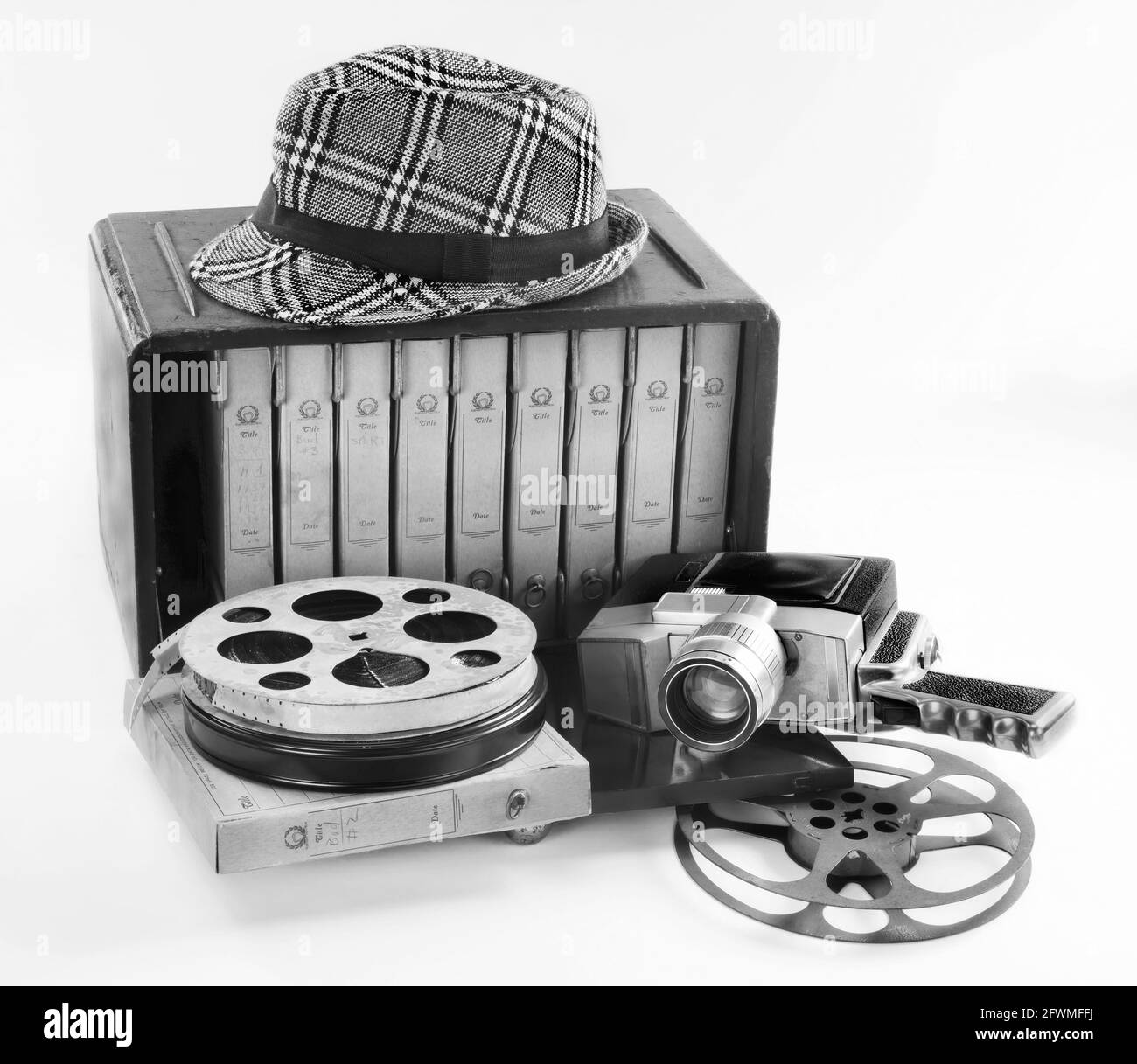 Old 16mm movie equipment from the 1940's in black and white. Stock Photo