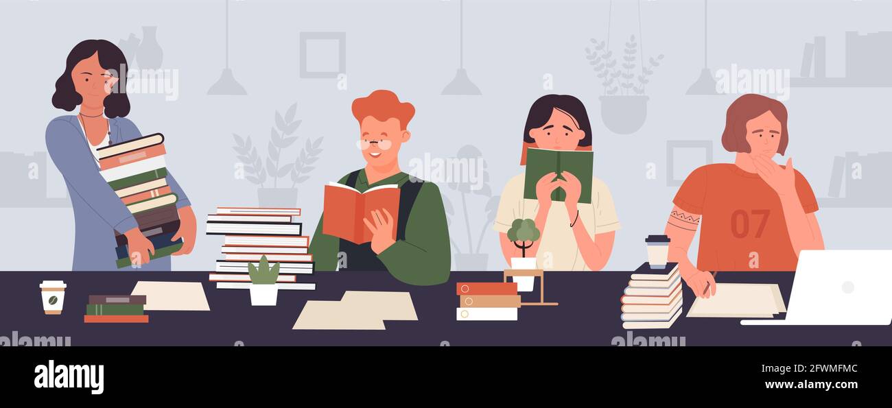 Student people work, read and study together vector illustration. Cartoon young man woman characters sitting at table, reading books, working studying hard, holding stack of textbooks background Stock Vector