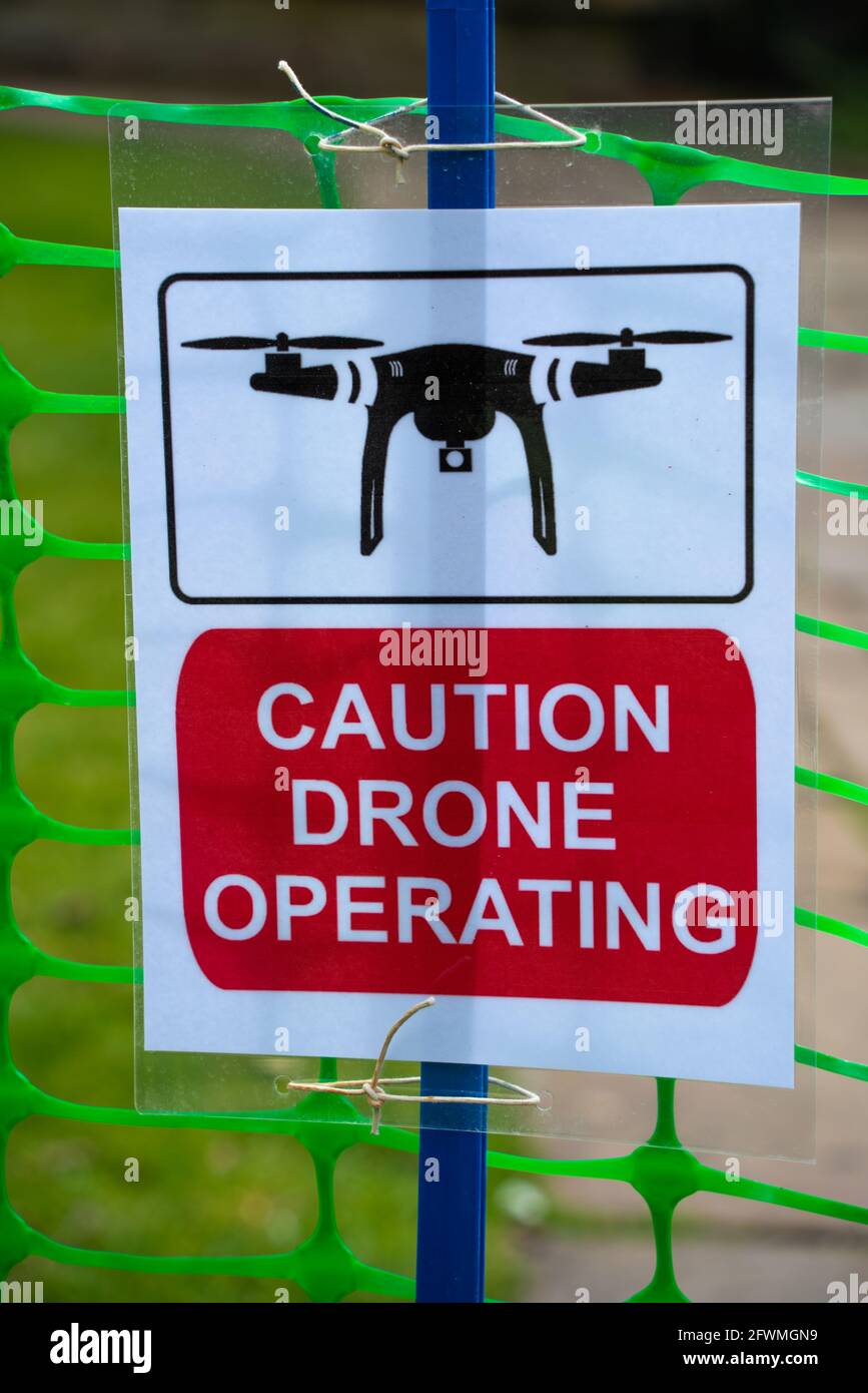 Drone, operating, drone operation area, warning sign, remote pilot, Remotely, Piloted, Aircraft, Systems, (RPAS), Unmanned, Aerial, Vehicles, (UAV). Stock Photo