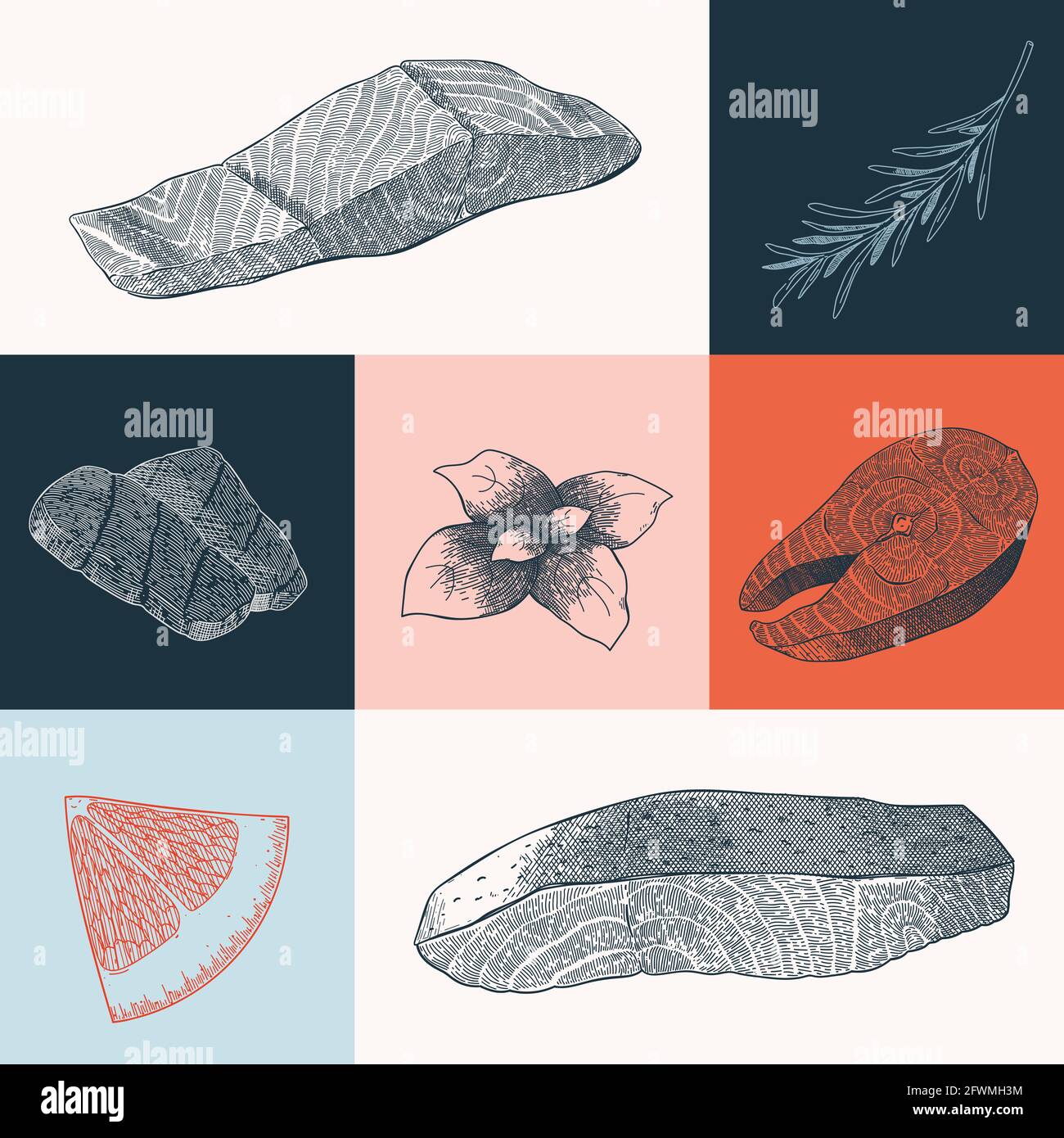 Poster with seafood and salmon fish illustration, realistic ink hand drawn art, modern print for seafood restaurant Stock Vector