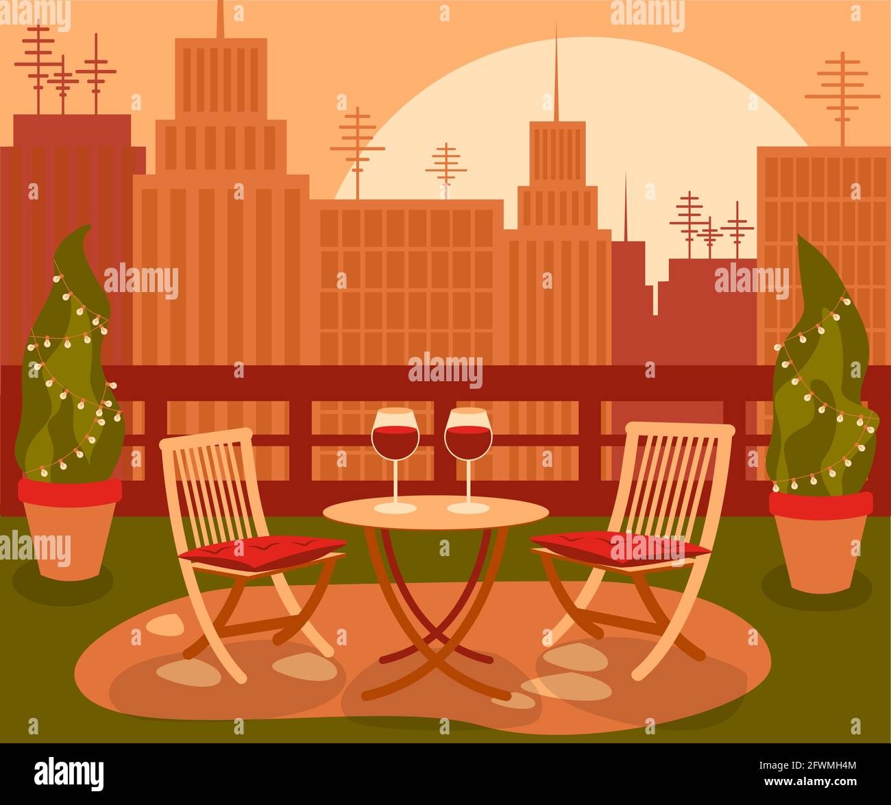 Cozy beautiful garden on rooftop with table and two chair in the big city with the cityscape on sunset. vector illustration Stock Vector