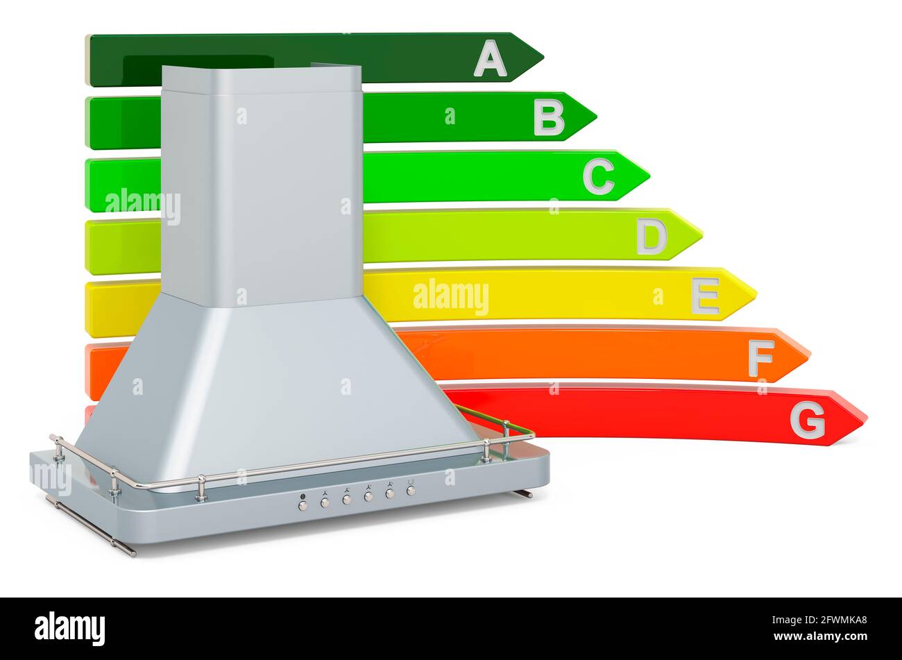 Kitchen exhaust hood with energy efficiency chart, 3D rendering