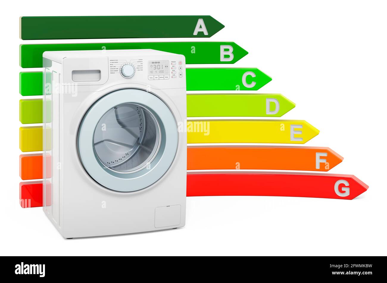 Washing machine with energy efficiency chart, 3D rendering isolated on white background Stock Photo