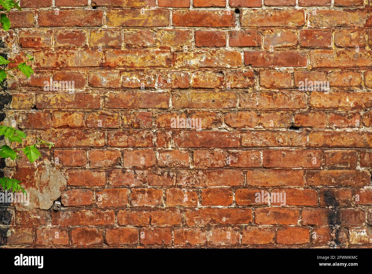 Weathered stained old brick wall background. Red old brick wall. Stock Photo