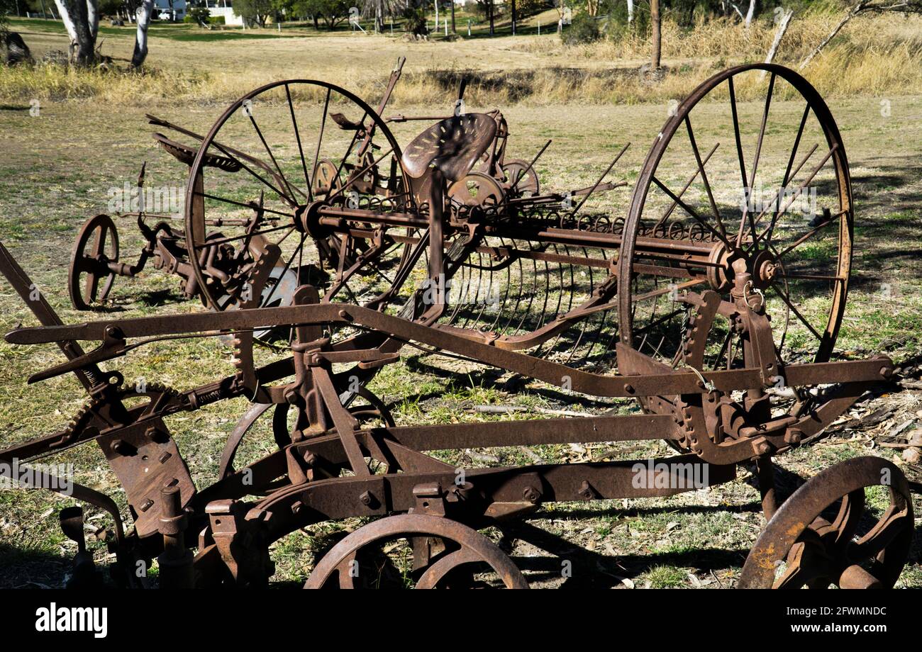 historic farm equipment displayed at the Historical Association Museum of Springsure, Central Highlands Region, Queensland, Australia Stock Photo