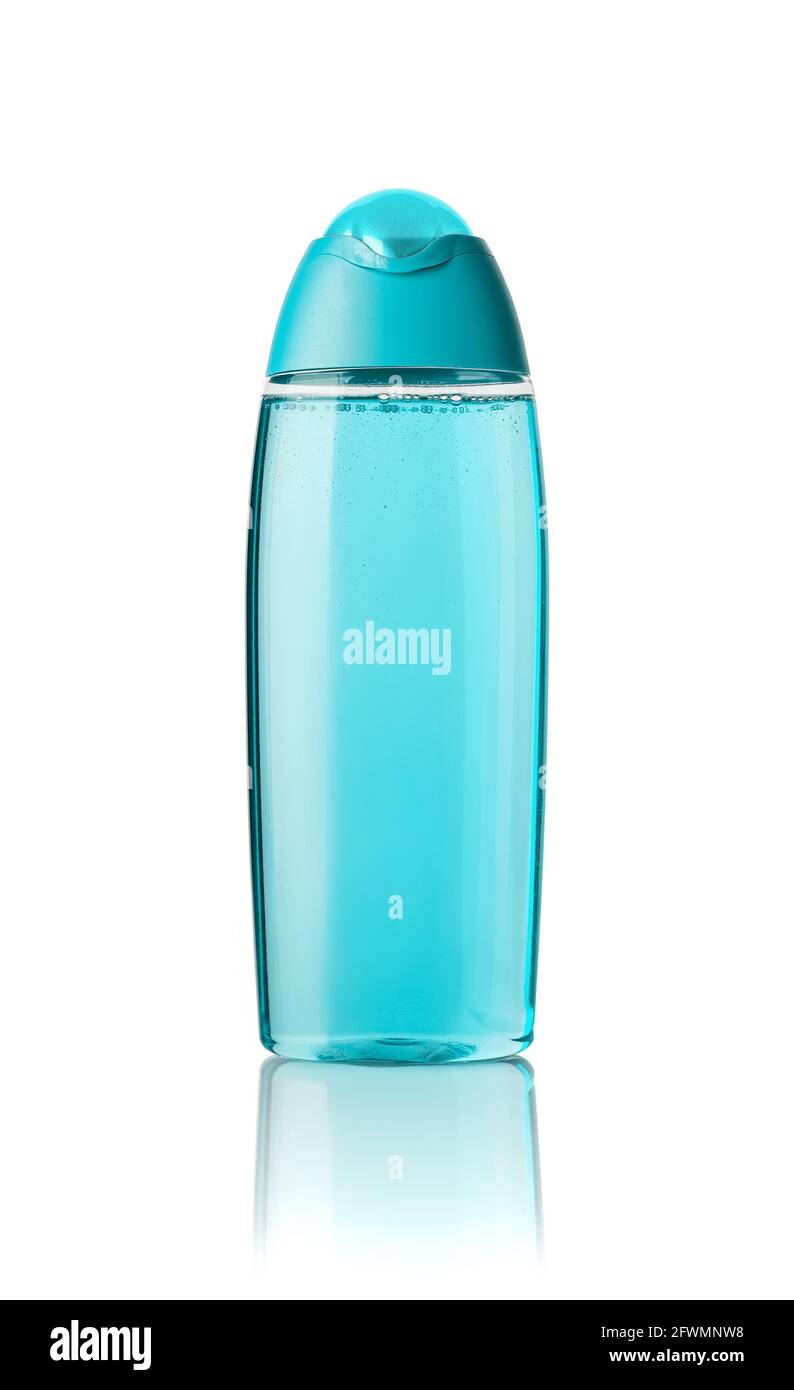 Turquoise shower gel or shampoo in a transparent bottle isolated on white.  Unlabeled cosmetic container for body care and beauty product design Stock  Photo - Alamy