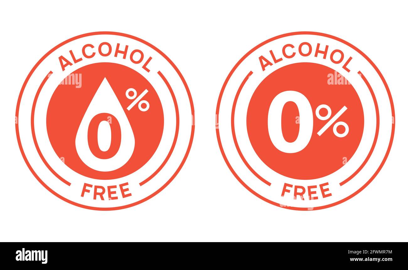 Non alcoholic round icon stamp. Zero alcohol sign seal. Alcohol free emblem mark label Stock