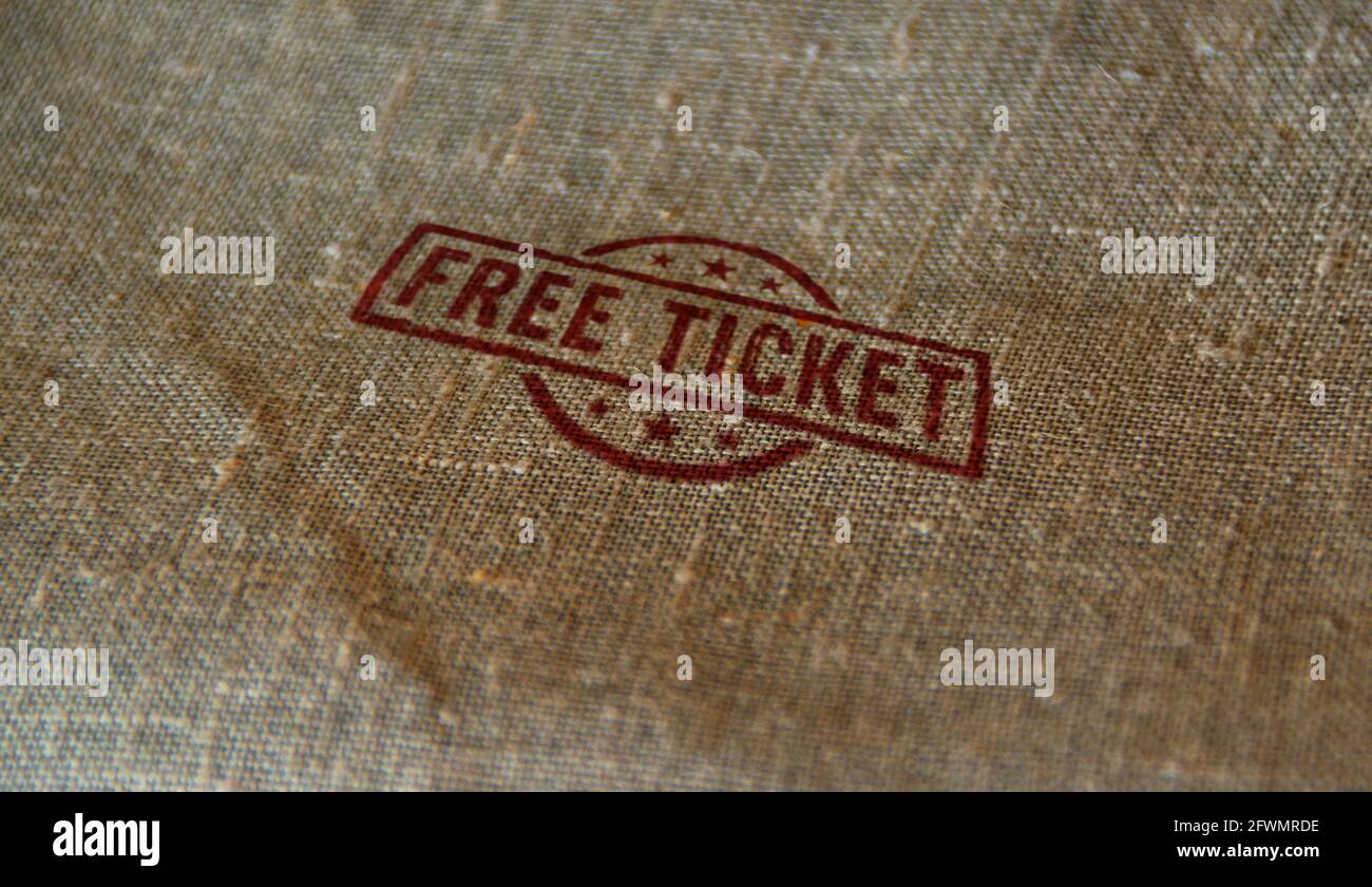 Free ticket stamp printed on linen sack. Admission and free entry concept. Stock Photo