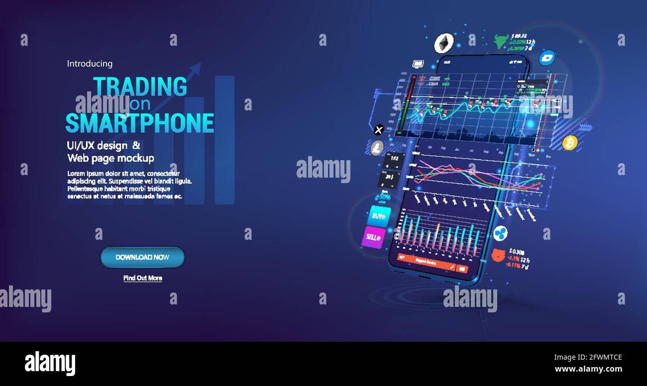 App for trading cryptocurrency on the phone. Template trading platform, web page concept. Smartphone App with UI, online statistic, data analytics and Stock Vector
