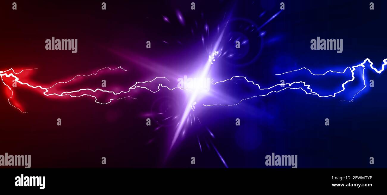 Lightning collision red and blue background, versus banner. Powerful colored lightnings and the flash from the collision. Confrontation concept Stock Vector