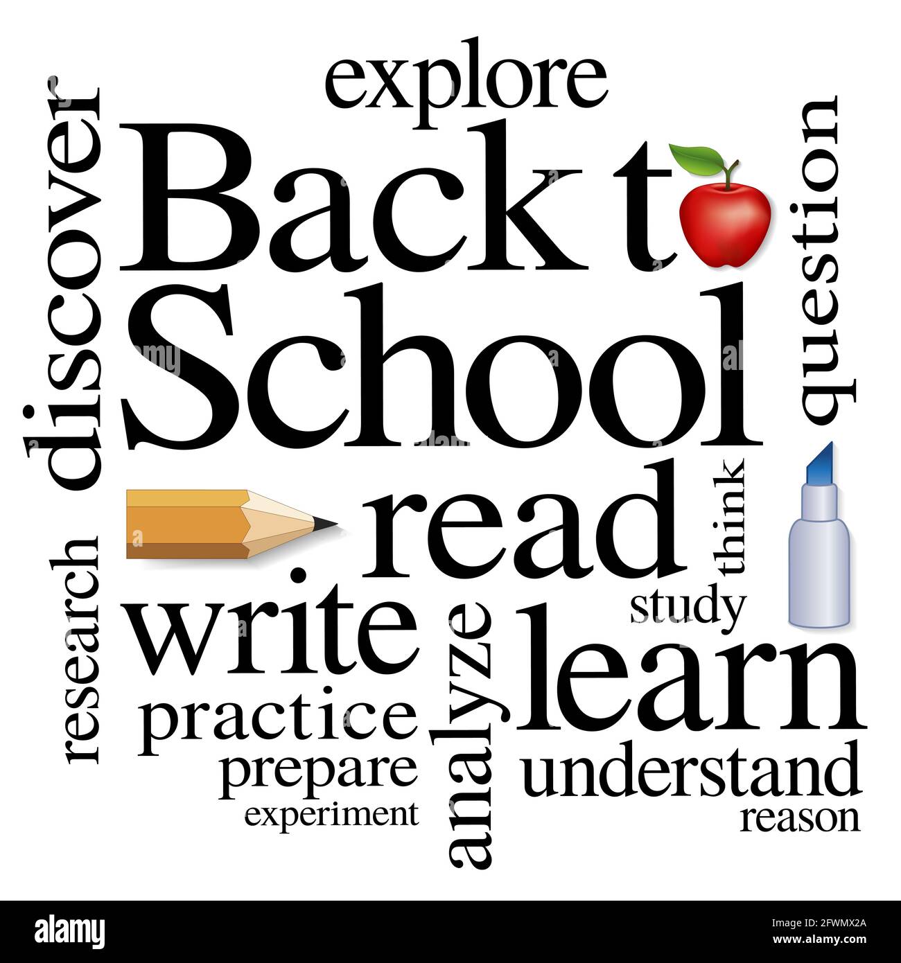 Back to school word cloud read, write, learn, study, research