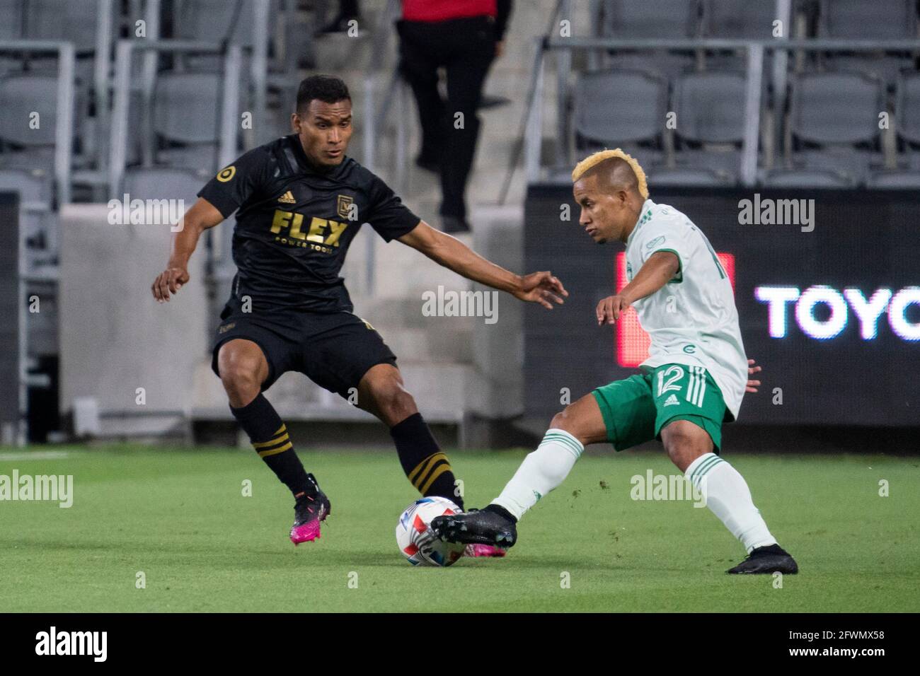 Colorado Rapids forward Michael Barrios (12) is defended by Eddie Segura during a MLS game, Saturday, May 22, 2021, in Los Angeles, CA. LAFC defeated Stock Photo
