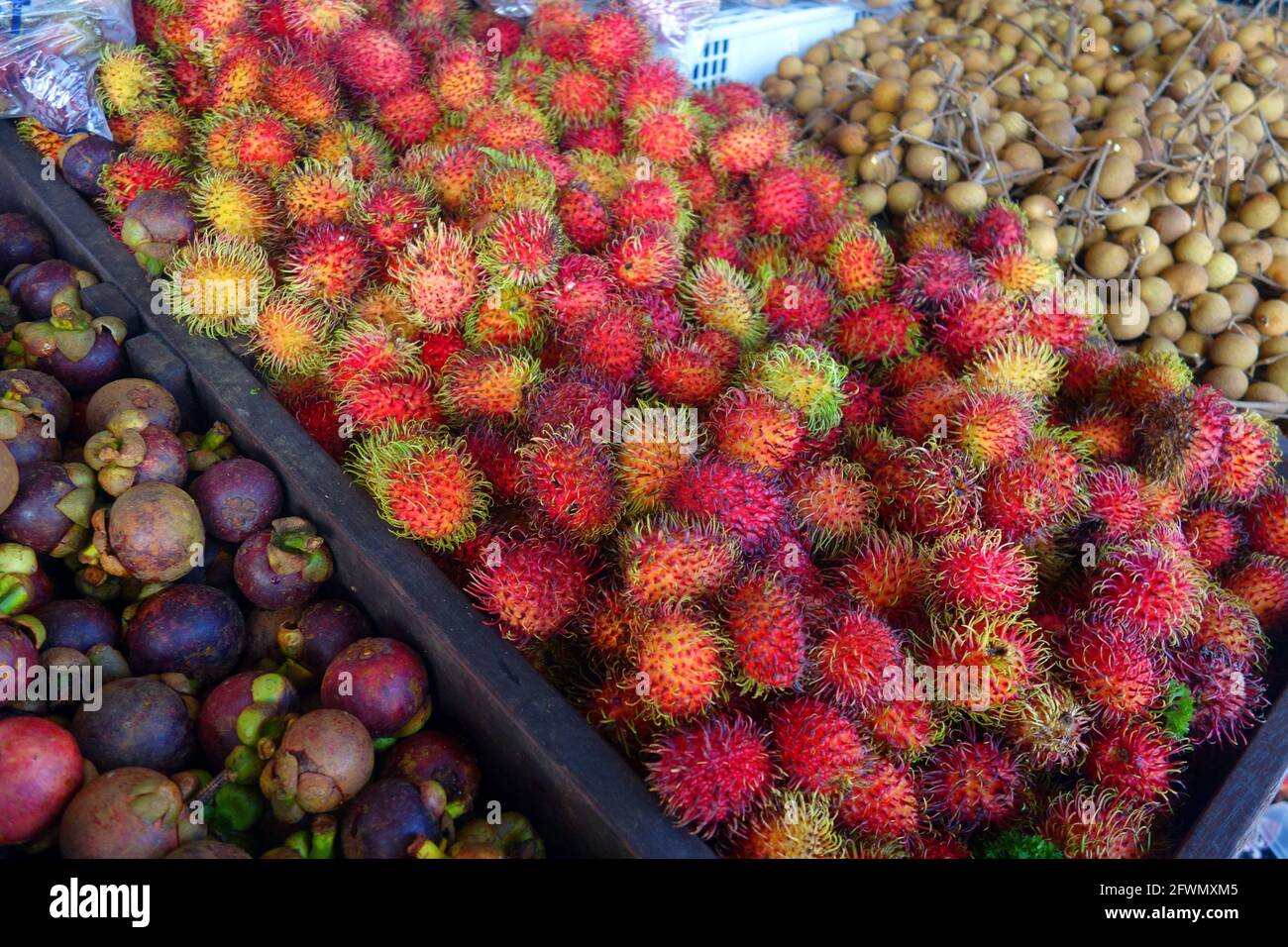 Rambutans, mangosteens and longans, Rusty’s Market, Cairns, Queensland, Australia Stock Photo