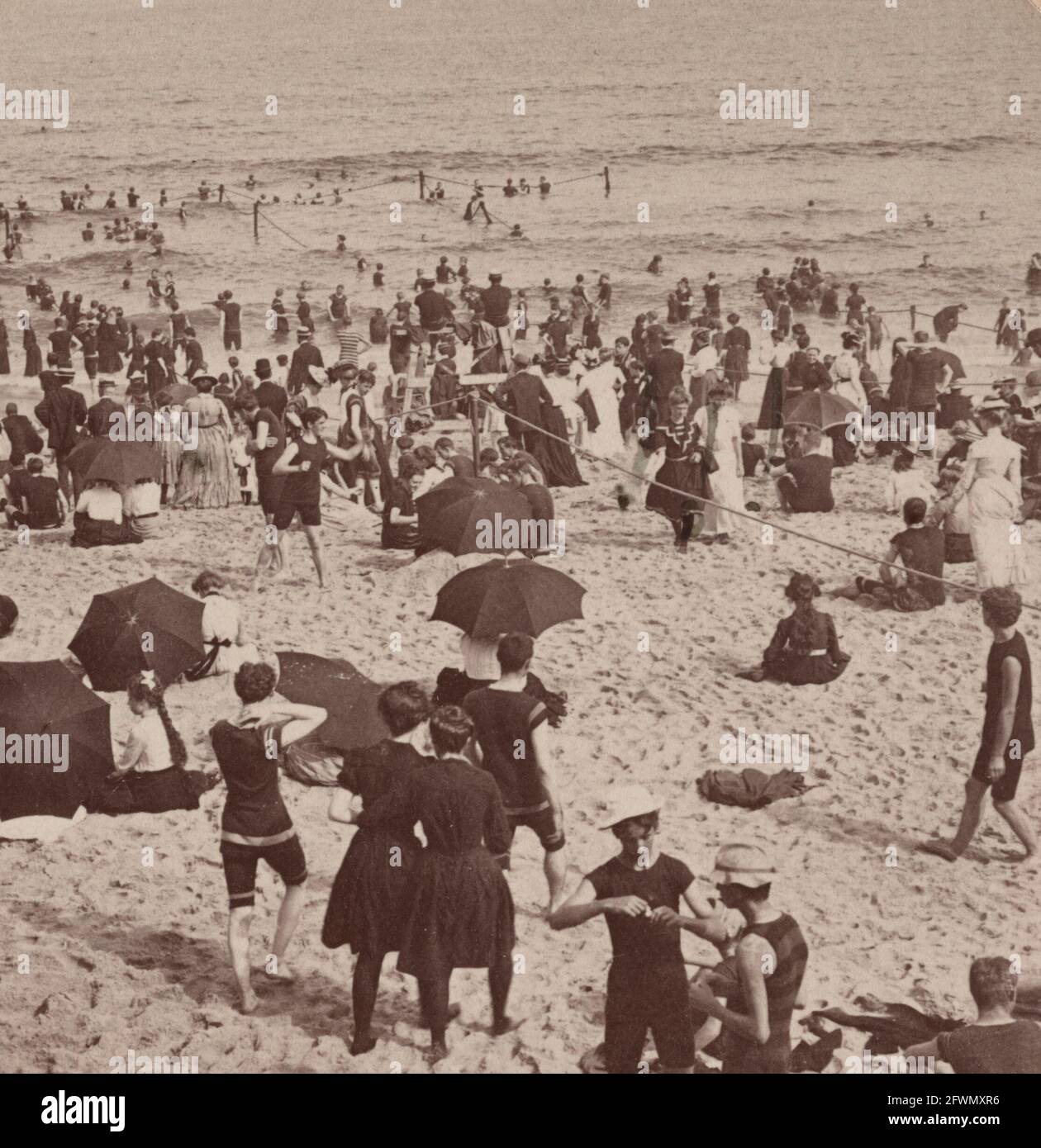 Ocean and bathing beach from behind the life savers' observation stand, Asbury Park, NJ, USA, 1901 Stock Photo