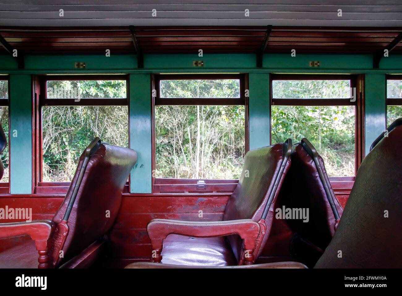 Minas Gerais, Brazil - May 25, 2019: internal view of wagon of locomotive maria fumaca in the historic city Tiradentes, interior of Minas Gerais Stock Photo