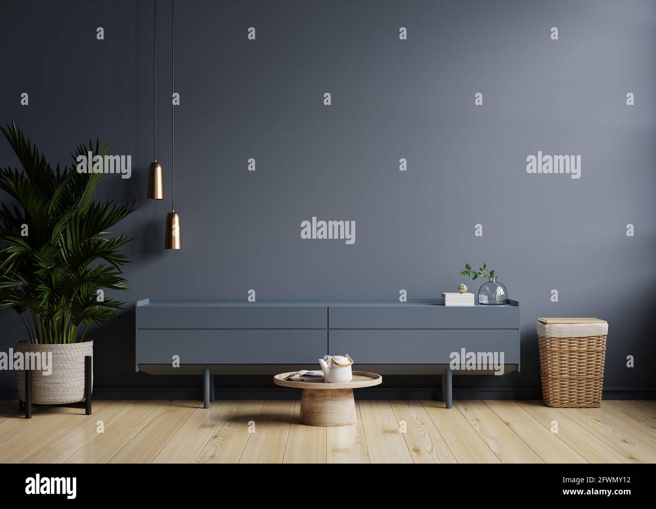 Modern interior of living room with cabinet for tv on dark blue wall ...