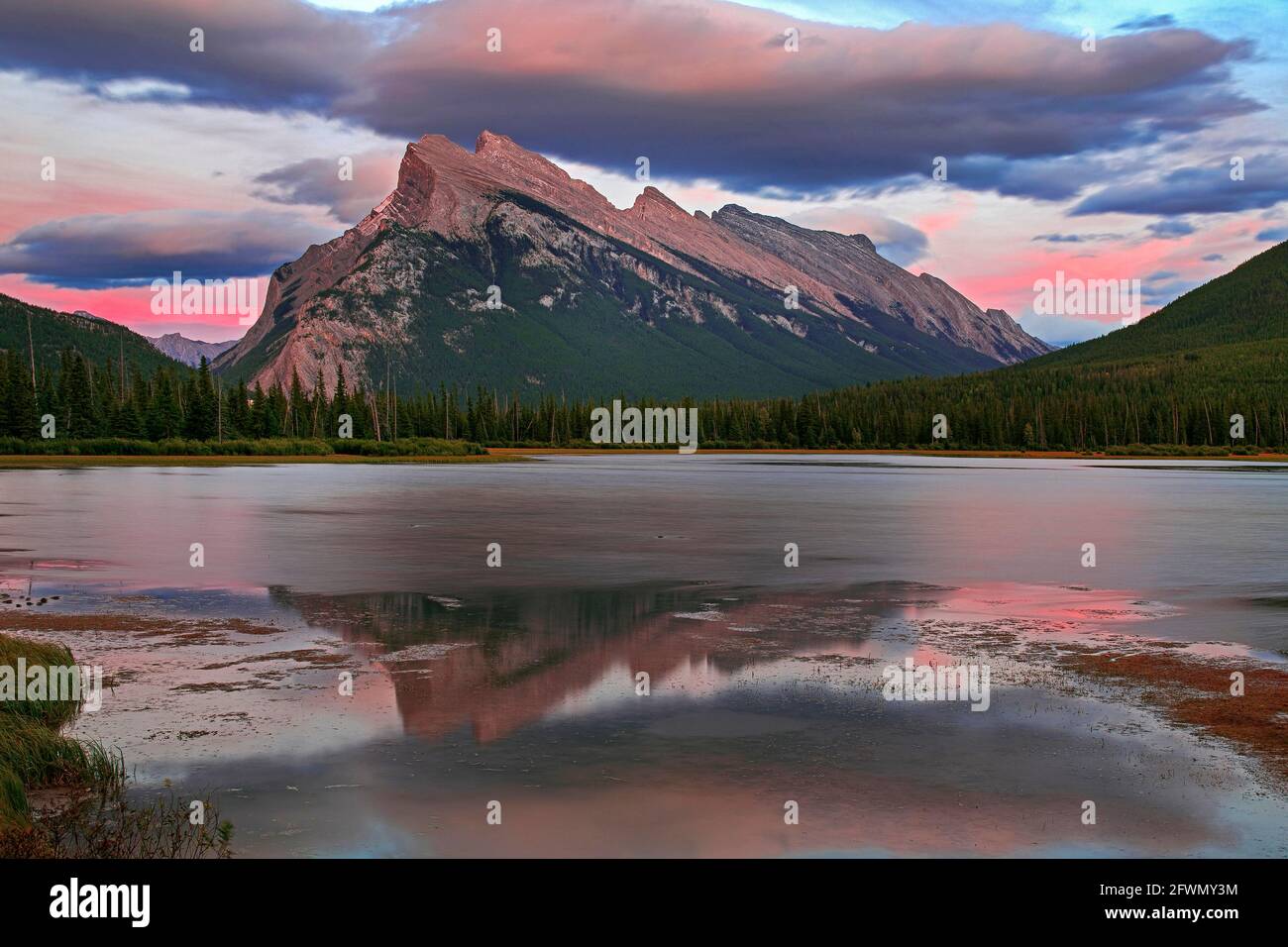 Sunset over Mount Rundle from Vermilion Lakes, Banff National Park, Alberta, Canada Stock Photo