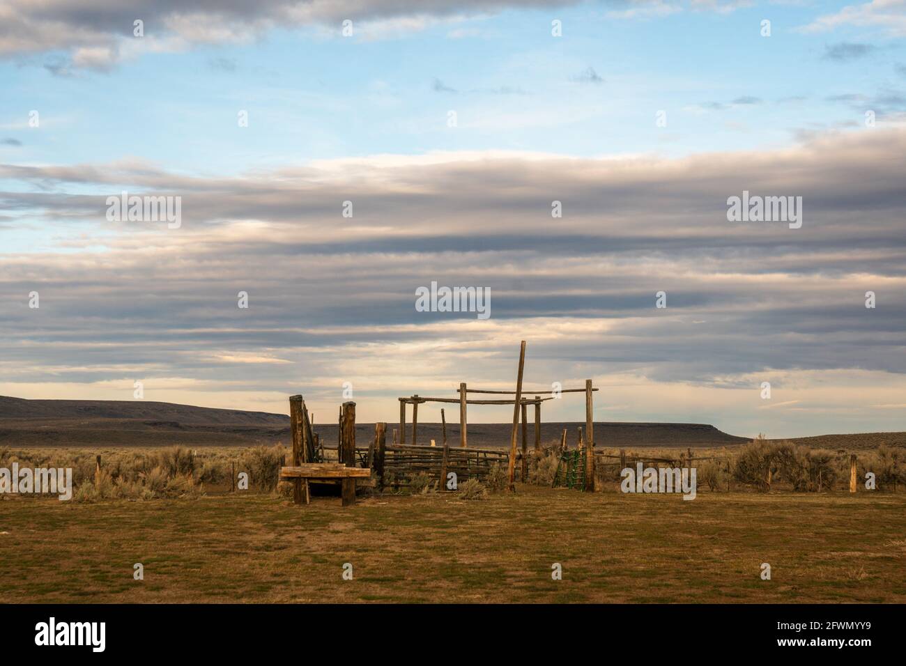 Lone cattle corral in remote high desert area in SE Oregon, USA. Stock Photo
